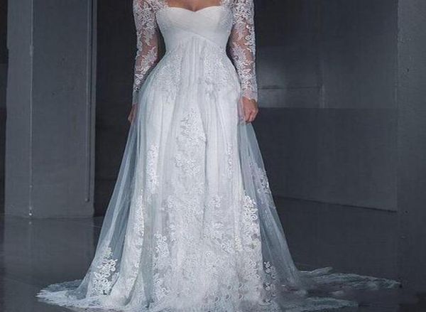 

vintage lace illusion long sleeves a line wedding dresses sweetheart sweep train tulle plus size bridal white and ivory5337059