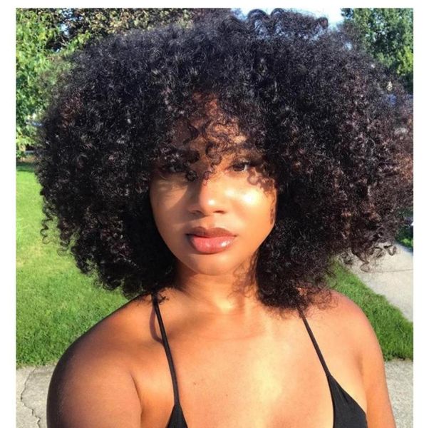 

brazilian hair bob afro kinky curly wig simulation human hair curly full wig with bang for women56346398225553, Black