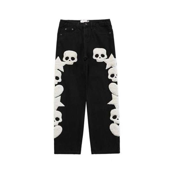 

men's jeans fashion skull graphic embroidery ripped y2k mens pants harajuku vibe style streetwear oversize casual denim trousers 1w44u, Blue