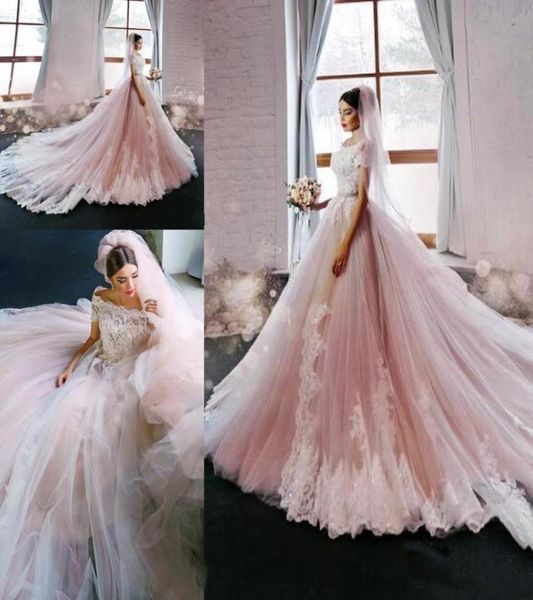 

2019 vintage blush pink princess aline wedding dresses off shoulders cap sleeves lace appliques luxury bridal gowns plus size2110004, White