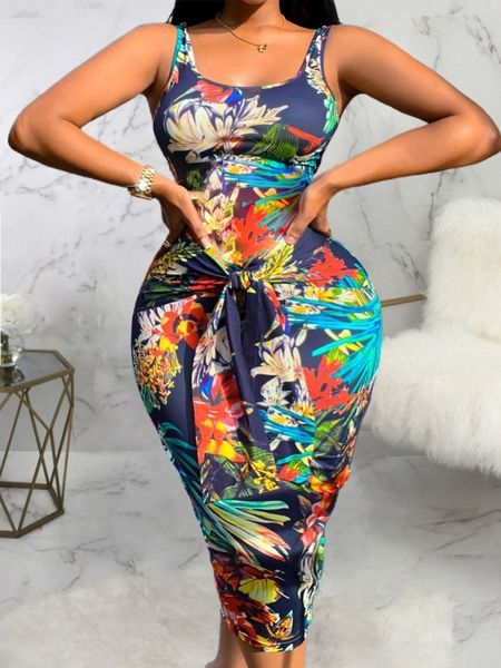 

plus size dresses lw size summer low neck dress floral print bodycon cami sleeveless tank mini club 230627, Black
