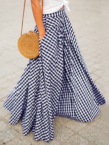 

skirts fashion plaid skirt women boho long dress summer elegant elastic aline skirt lady casual loose high waist skirt with pocket 230628, Black