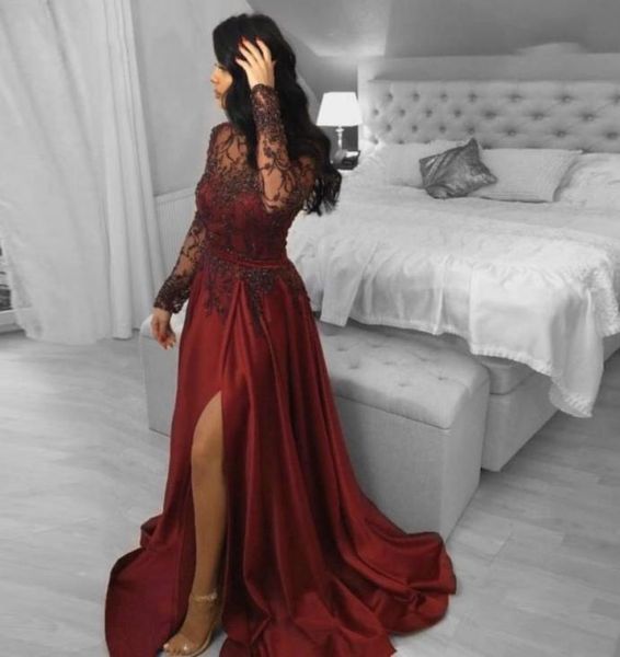 

dark red plus size evening dress vestidos de fiesta illusion long sleeve beading lace leg slit prom party gowns formal dresses5184232, Black;red