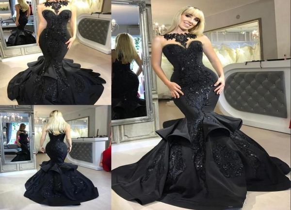 

2018 dubai arabic black mermaid prom dresses beads sequined ruffles floor length applique formal dresses evening wear evening dres5034991