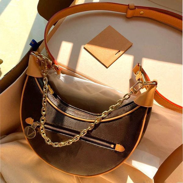 

5A Loop Gold Chain Handbag Luxuries Designer Bag Womens Coated Canvas Zipper Crossbody Shoulder Strap Bag Crescent Bottom Handbags Purses Moon Bags, Brown