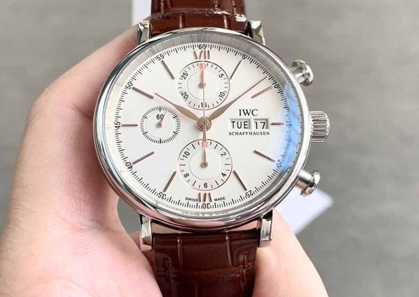 

waterproof designer 7750 movement business new wrist watch i w 42mm*13.5mm mens classic business montre iced out bezel gift tw factory watch, Slivery;brown