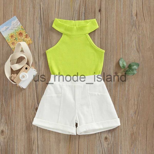 

t-shirts two piece girls summer clothes fashion solid color round neck vest and pockets short pants set x0628, Blue
