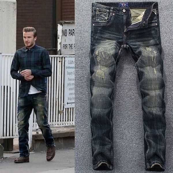 

designer purple jeans european american retro jeans men's stitching beggar's old patch loose straight long fashion brand locomotiv, Blue