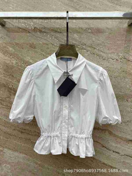 

women's blouses & shirts designer 23 spring/summer new lace hollow triangle decorative polo neck bubble short sleeve ukvi, White