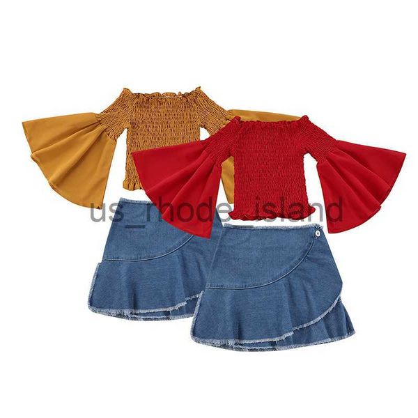 

t-shirts focusnorm 1-6y fashion kids girls clothes sets outfits solid trumpet sleeve off shoulder t-shirt and frayed raw hem denim skirt x06, Blue