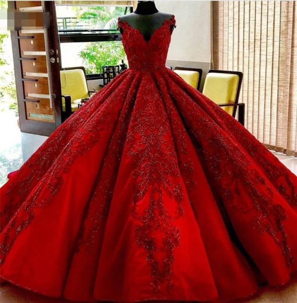 

luxury red beaded wedding dresses 2019 saudi arabic puffy ball gowns lace appliques bridal gowns royal train robe de mariee3818616, White