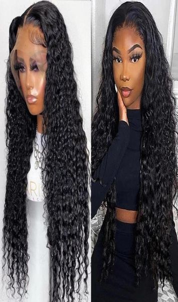 

peruvian deep water wave transprent 13x6 lace front human hairs wigs with baby hair bouncy curly glueless 360 frontal wigs remy8040008, Black