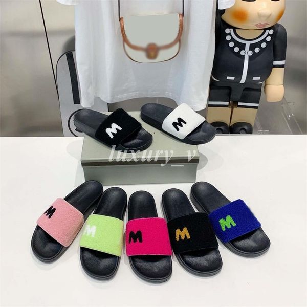

designer slippers women fur slides polar fleece furry slippers rubber sole scuffs embroidered letters soft slide solid color flip flops, Black