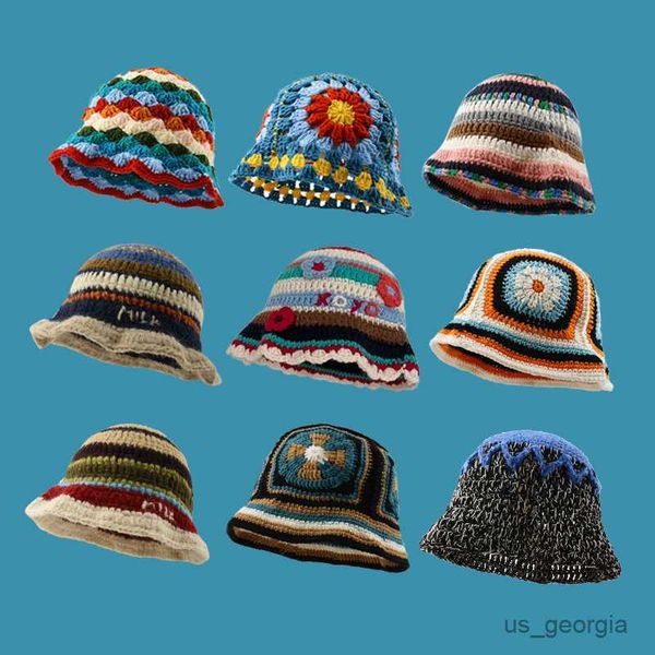 

caps cute wind handmade crochet knitted bucket hat rainbow rhombus plaid wool bucket winter basin hat bucket hat r230628, Blue;gray