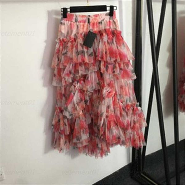 

summer pleat skirt designer skirt woman temperament floral print ruffle high waist mesh puffy half skirts cake skirt for womens, Black