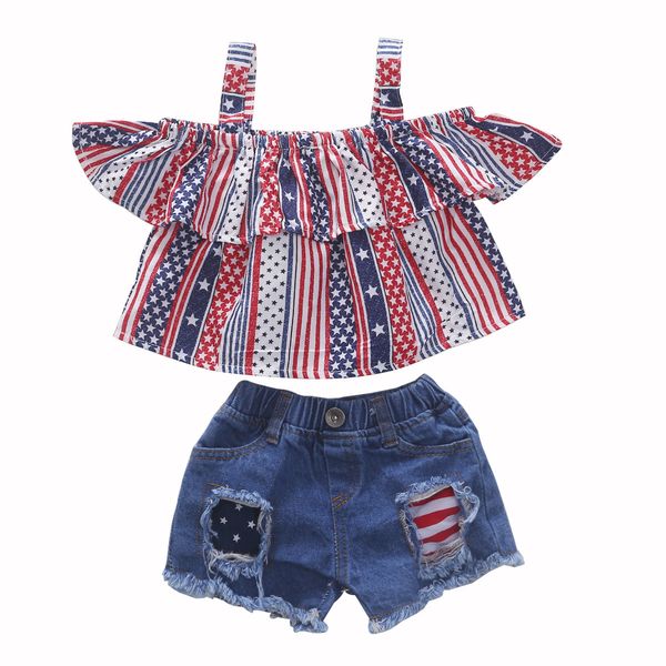 

childrens clothing printed off shoulder jeans sets denim ripped kids denim shorts kids girls clothes custom baby clothes, White