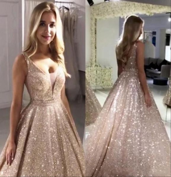 

vintage rose gold sequined prom dresses v neck sparkling aline backless evening party gowns robe de soiree4268090, Black