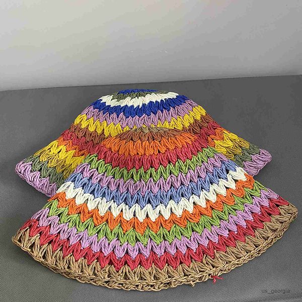 

caps new women's vacation beach sun hats summer colorful rainbow striped bucket hats handmade cap r230628, Blue;gray