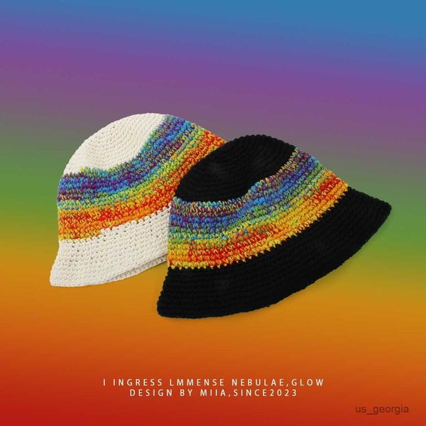 

caps wind gradual change smudge rainbow knitted bucket hat women crochet hollow basin hat sun hat r230628, Blue;gray