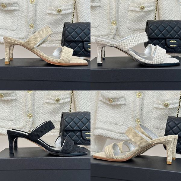 

2023 designer luxury pure color high-heeled slides slippers fashion womens special fabric vintage square head exquisite sandals lady stilett, Black