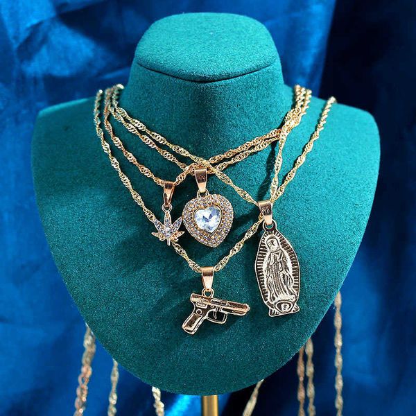 

pendant necklaces gold silver color multi layered rhinestone tennis choker necklace for women shining crystal ak47 gun pendants long chain j