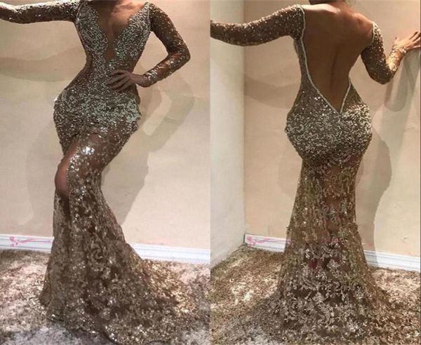 

2020 new deep v neck long sleeves sequins mermaid long evening dresses beaded sheer mesh split backless formal party prom dres2918647, Black;red