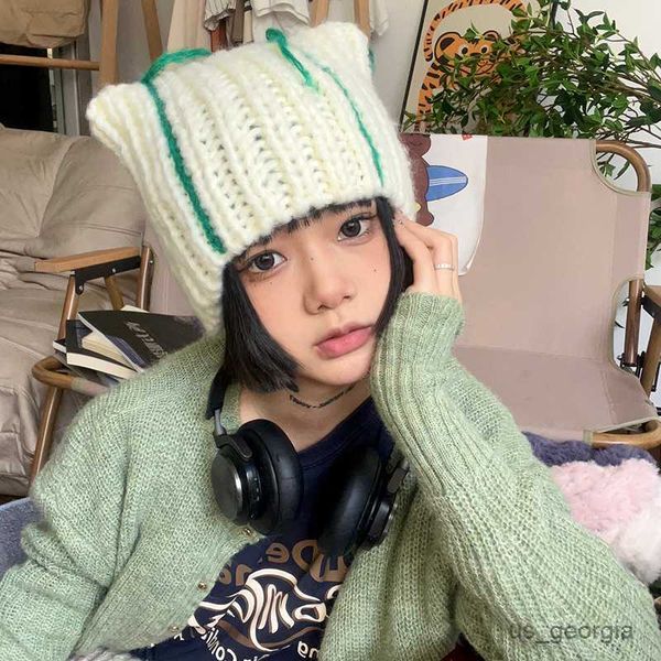 

caps design contrasting color sweet knitted hat women autumn and winter warm cap beanie hats bonnet mujer r230628, Blue;gray