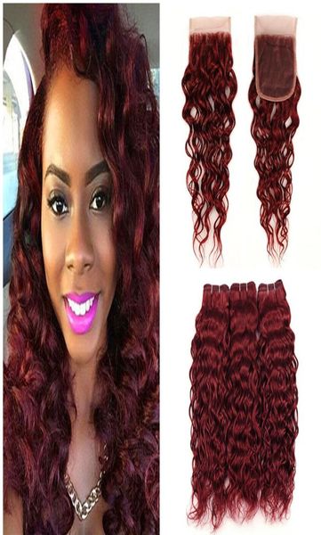 

99j hair water wave with lace closure wet and wavy peruvian virgin hair extension 3 bundle deals burgundy with 4x4 lace clos8131293, Black