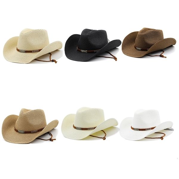 

cloches simple cowboy hat men's sun hat wide brim fedora hat belt decorate beach straw hat for men uv protection cap chapeau femme 2306, Blue;gray