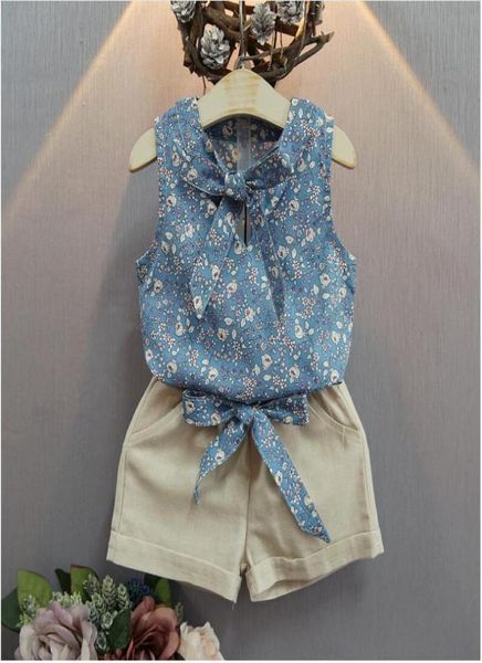 

baby girl summer set girls sleeveless floral print tshirt khaki short pants suits kids fashion clothes clothing two pieces c6447386, White
