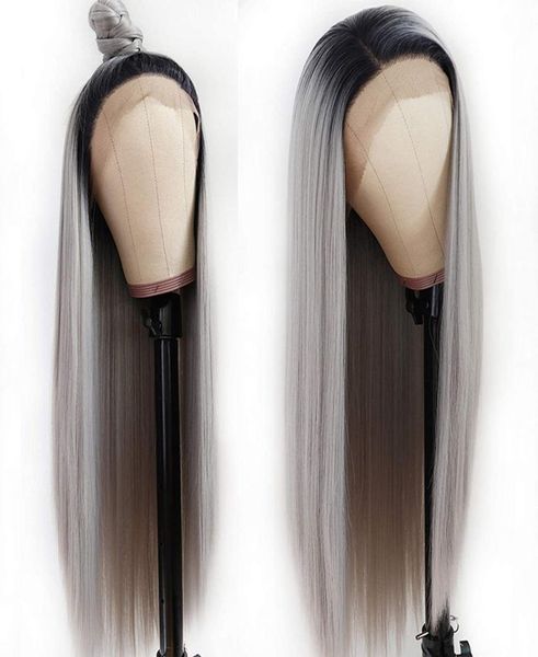 

natural hairline sliver grey long straight synthetic lace front wigs baby hair 180 density high temperature fiber swiss lace wigs9047744, Black