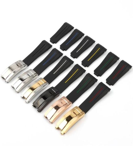 

watch bands 20mm black curved end silicone rubber watchband for submarine gmt strap bracelet glidelock folding buckle1131532, Black;brown