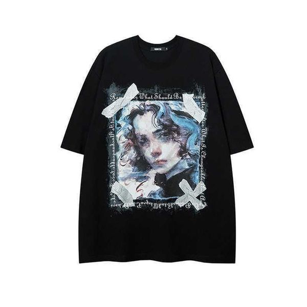 

european and american trendy brand oversize loose fitting short sleeved t-shirt for men and women summer personalized hip-hop printing with, White;black
