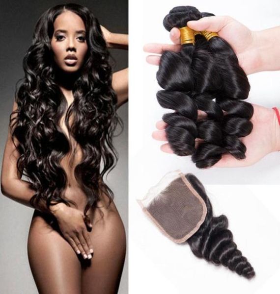 

10a grade malaysian loose wave bundles with 4x4 lace closure malaysian unprocessed virgin human hair weave 3 bundles loose wave wi2677429, Black;brown