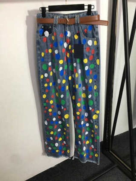 

fashion printed jeans women casual clothing colourful polka dot print brown hardware belt fashions trendy denim trousers designer womens jea, Blue