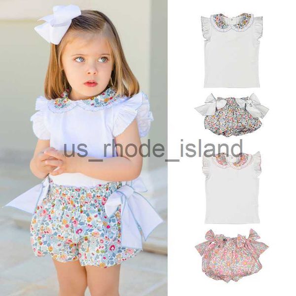 

t-shirts 2023 new summer girls kids clothes childrens set ruffles doll collar short-sleeved t-shirt shorts floral bud short suit x0628, Blue