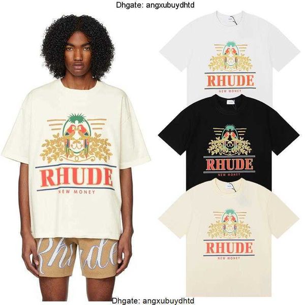 

designer fashion clothing tees hip hop tshirts 23ss rhude parakeet long tailed parrot print high street casual versatile short sleeve t-shir, White;black
