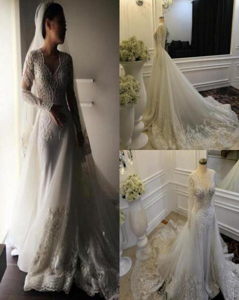 

gorgeous long sleeves overskirts wedding dresses 2019 v neck lace applique beads tulle court train bridal gowns with detach6140225, White