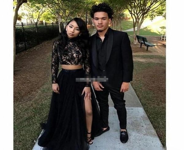 

2019 african side split prom dress dubai arabic lace long sleeve formal holidays wear graduation evening party gown custom made pl7957024, Black