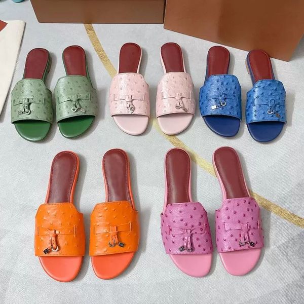 

beach slippers lady flat baotou flip flops leather slides women shoes woman sandals classic designer 100% suede letter cowhide metal large s, Black