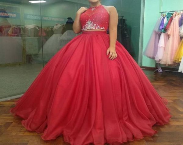 

sparkly ball gown quinceanera dress open back two piece halter lace up crystal sweet 16 dresses girls 15 birthday gowns7984816, Blue;red