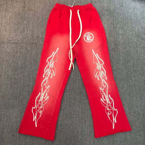 

23ss fashion autumn winter usa flame pants vintage washed men streetwear joggers drawstring trousers red colors, Black;brown