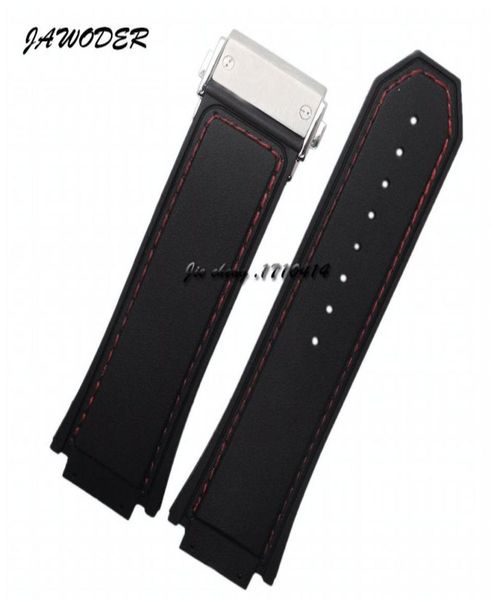 

jawoder watchband 30 x19mm men red stitched black silicone rubber watch band strap stainless steel deployment buckle for hub big b7241257, Black;brown