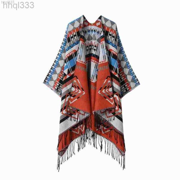 

2023 new warm shawl nepal ethnic style split scarf imitation cashmere tassel cape autumn and winter women, Red;brown