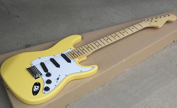 

factory whole yellow electric guitar with maple fretboardwhite pickguardblack pickupsbuttonoffering customize service3115104