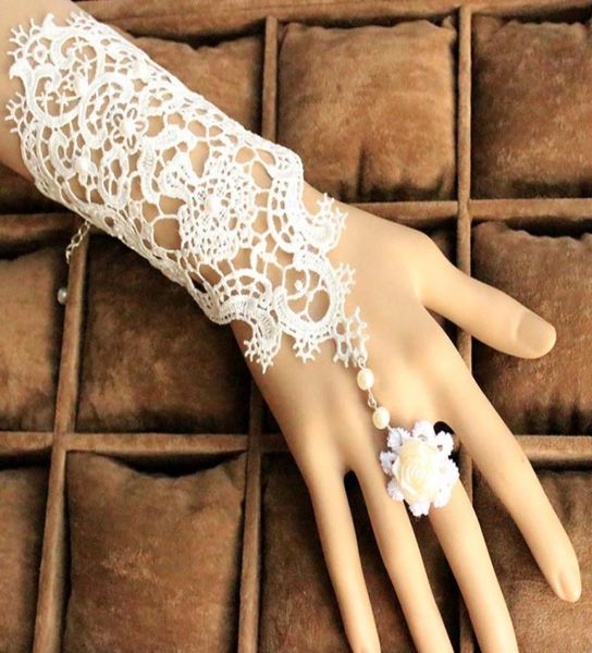 

new design lace pearl whiteblack wedding gloves bridal gloves bow fingerless wrist length glove wedding accessories6894488, White