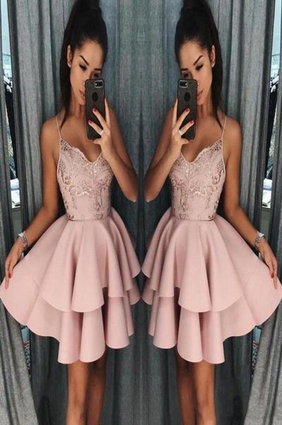 

2019 dusty pink spaghetti short homecoming dresses backless lace appliqued cocktail party gown mini prom evening dresses2105455, Blue;pink