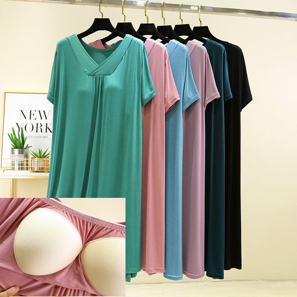 

one piece modal pajama dress with chest pad for women's summer thin v-neck short sleeve pajamas loose size for outwear home furnishings