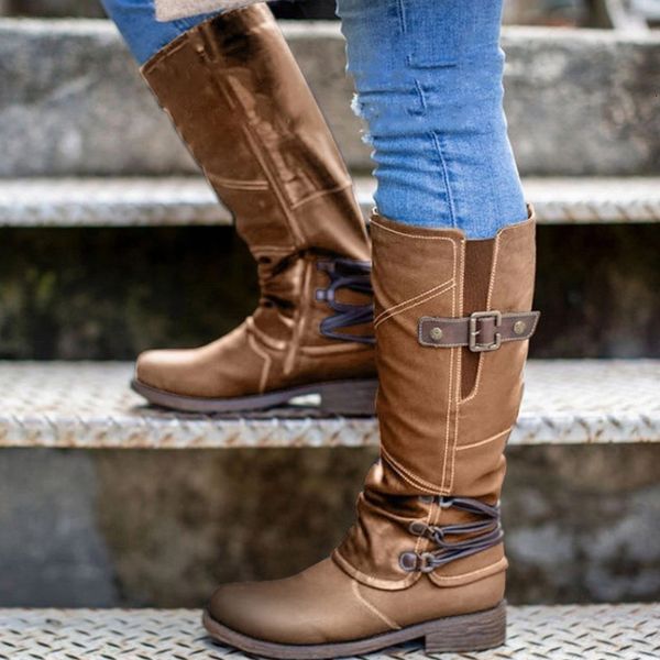 

boot s knight autumn solid color round toe low heel belt buckle comfort large size hiking western bota cano longo 230628, Black