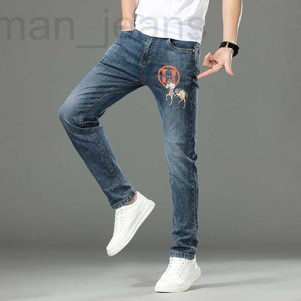 

men's jeans designer h home fashion brand digital printing 2023 spring summer thin slim fit elastic slim-fit pants european goods light, Blue